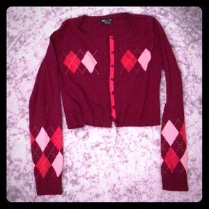 Maroon and Pink Argyle Crop Cardigan